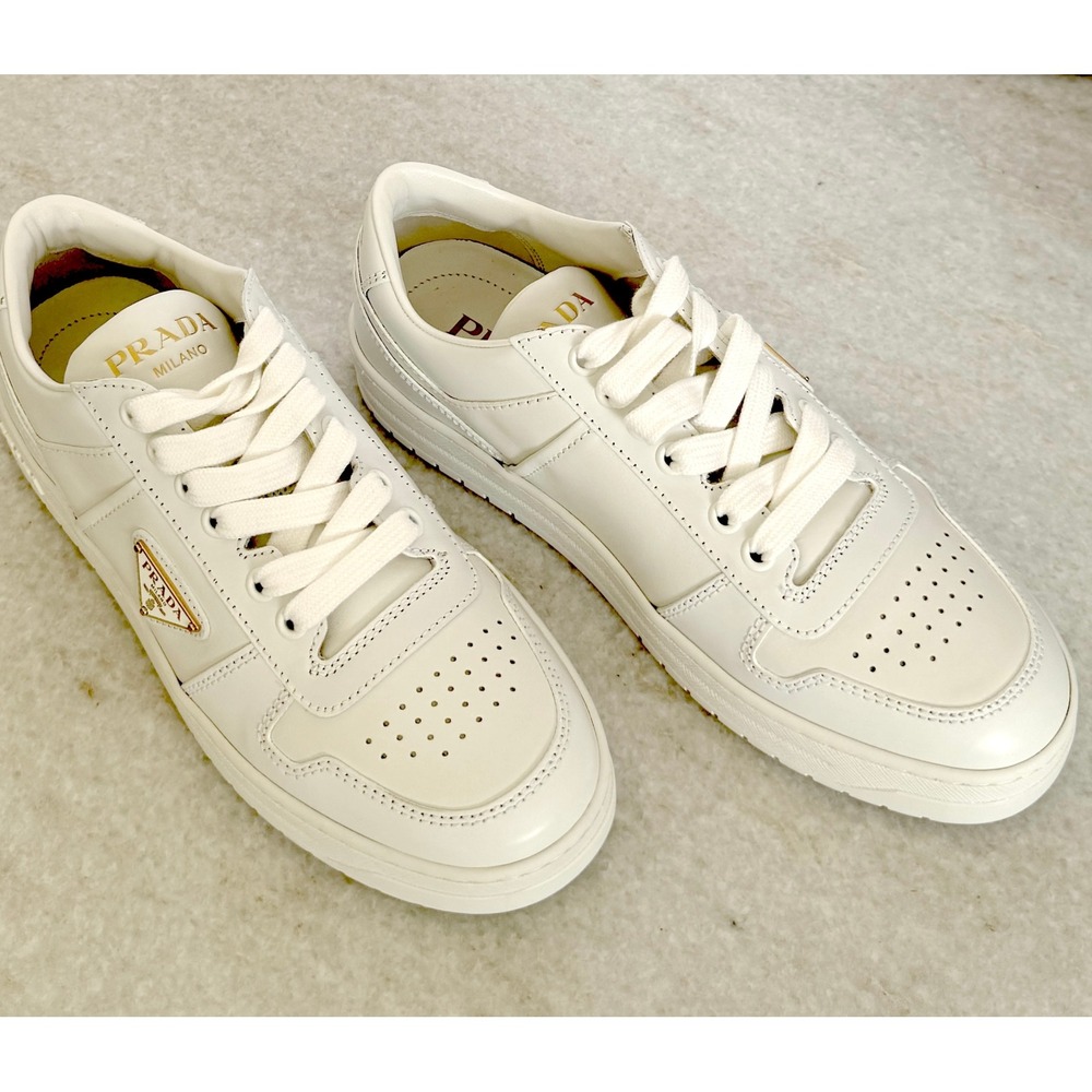 Prada 1E792M Women's Ivory Downtown Nappa Leather Sneakers shoes trainers 37.5 - Picture 9 of 16